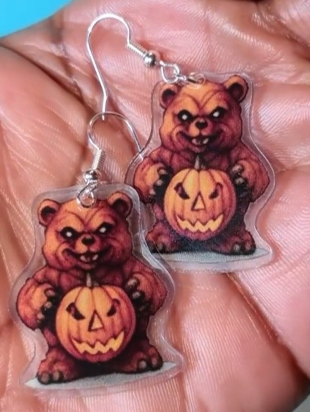 Halloween Bear Pumpkin Dangle Earrings - Orange & Black